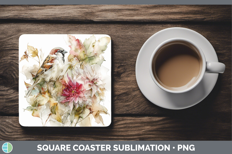 Sparrow Birds 01 Autumn Floral Square Coaster Sublimation De