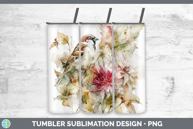Sparrow Birds 01 Autumn Floral Tumbler Sublimation Design