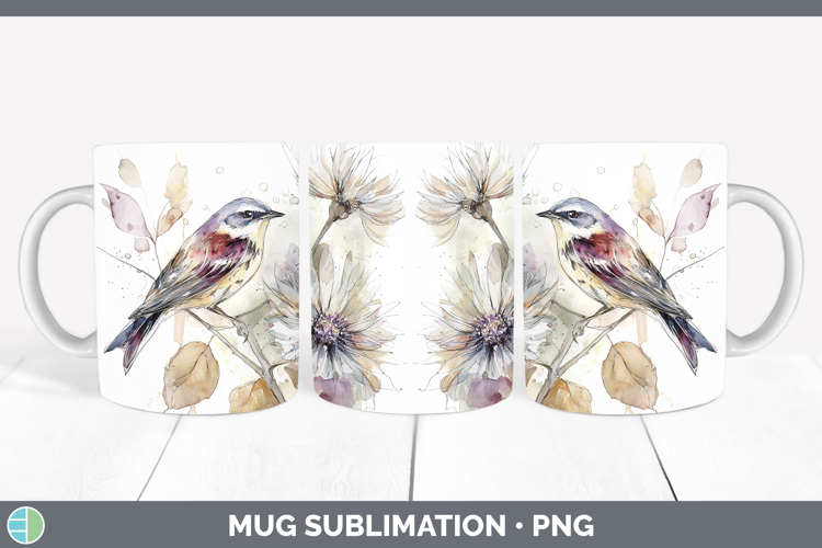 Warbler Birds 01 Autumn Floral Mug Wrap Sublimation Design