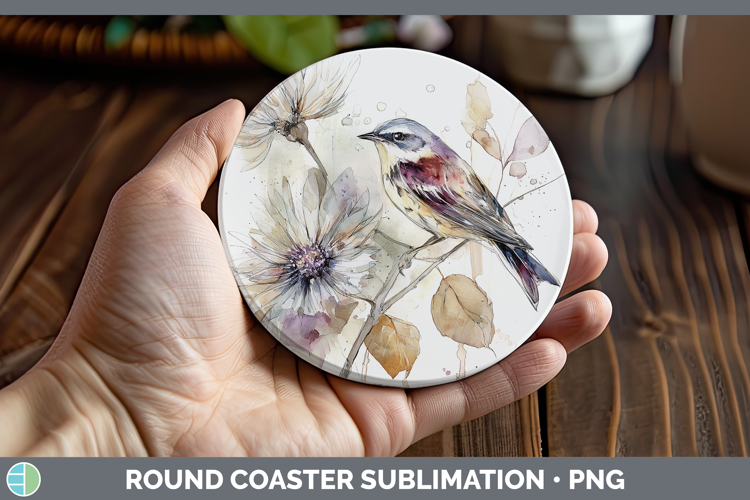 Warbler Birds 01 Autumn Floral Round Coaster Sublimation Des