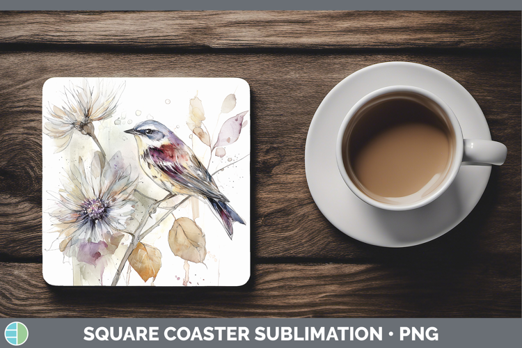 Warbler Birds 01 Autumn Floral Square Coaster Sublimation De