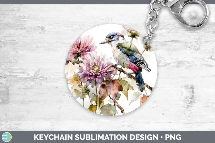 Woodpecker Birds 01 Autumn Floral Keychain Sublimation Desig