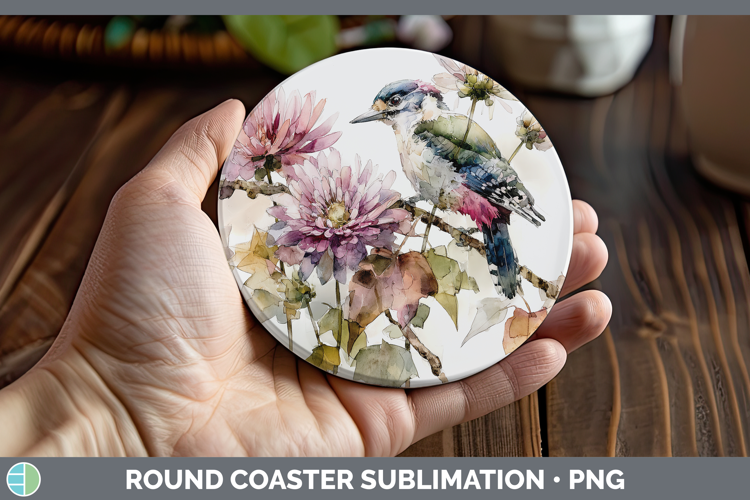 Woodpecker Birds 01 Autumn Floral Round Coaster Sublimation
