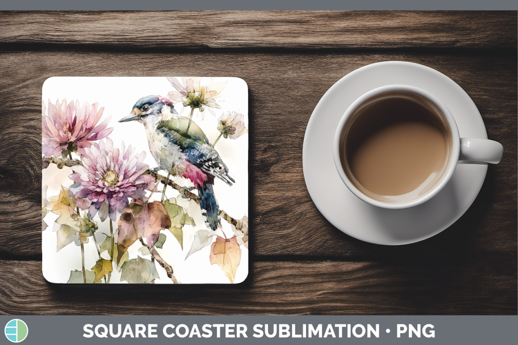 Woodpecker Birds 01 Autumn Floral Square Coaster Sublimation