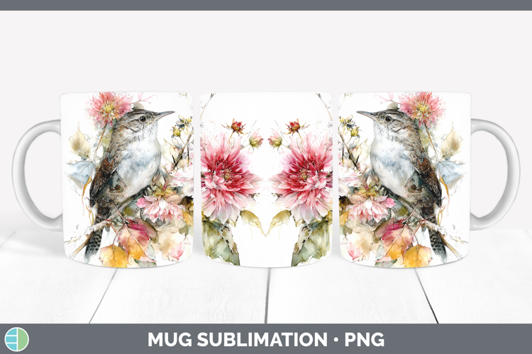 Wren Birds 01 Autumn Floral Mug Wrap Sublimation Design