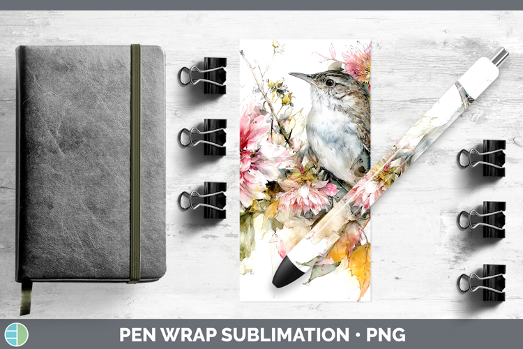 Wren Birds 01 Autumn Floral Pen Wrap Sublimation Design