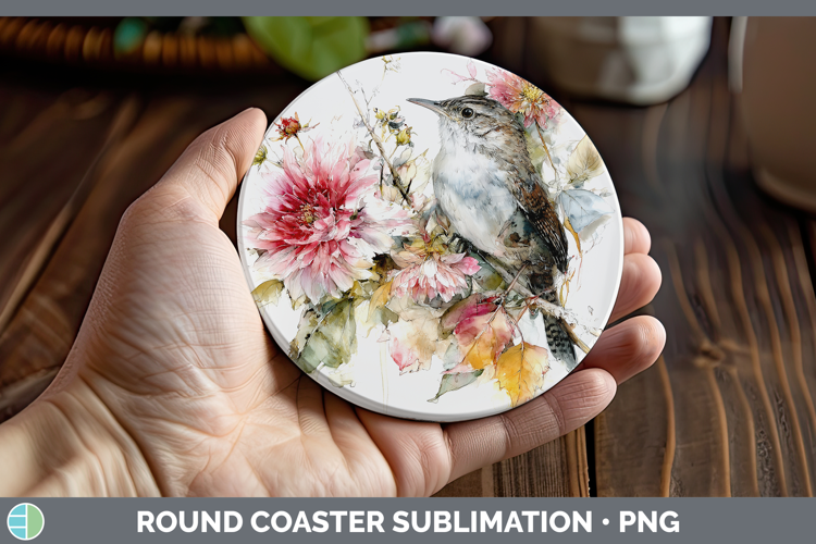 Wren Birds 01 Autumn Floral Round Coaster Sublimation Design
