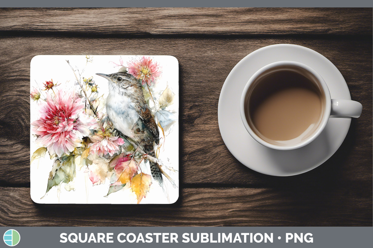 Wren Birds 01 Autumn Floral Square Coaster Sublimation Desig