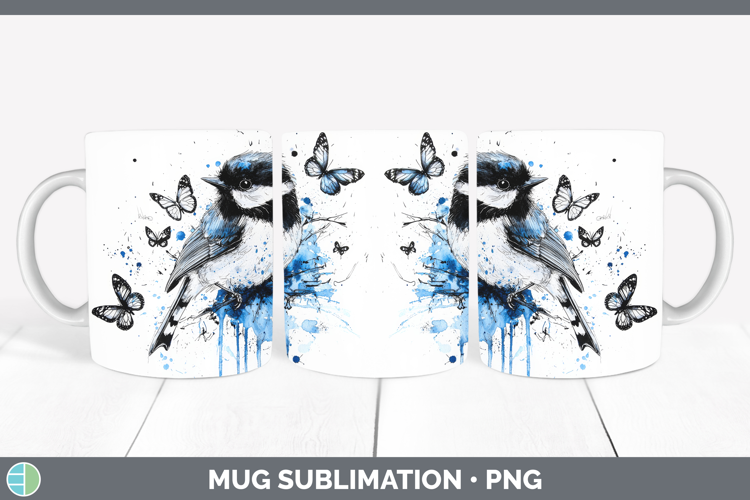 Chickadee Mug Wrap Birds 01 Blue Drips Sublimation Coffee Cu