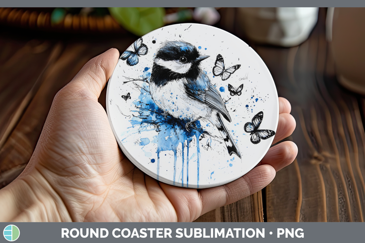 Chickadee Round Coaster Birds 01 Blue Drips Sublimation Coas