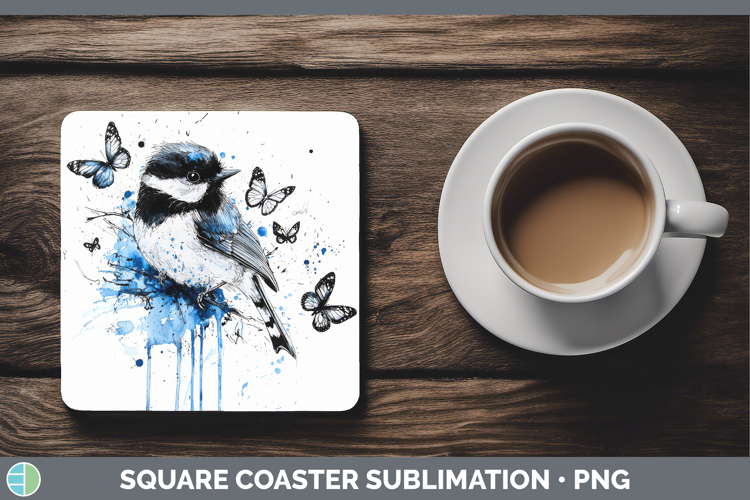 Chickadee Square Coaster Birds 01 Blue Drips Sublimation Coa