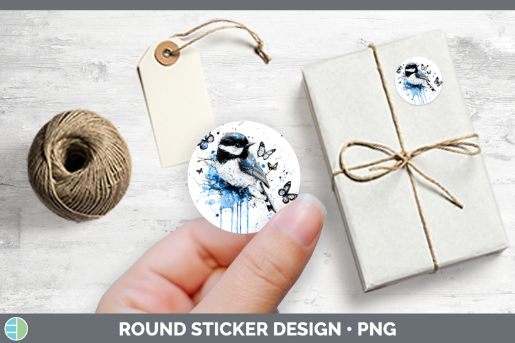 Birds 01 Blue Drips Chickadee Stickers | Round Labels Design