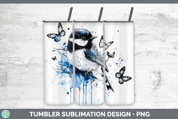 Chickadee Tumbler Birds 01 Blue Drips Sublimation 20 oz Skin