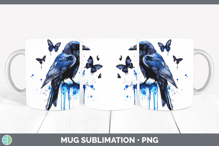 Crow Mug Wrap Birds 01 Blue Drips Sublimation Coffee Cup Des