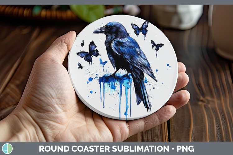 Crow Round Coaster Birds 01 Blue Drips Sublimation Coaster D