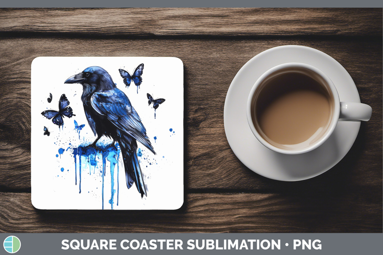 Crow Square Coaster Birds 01 Blue Drips Sublimation Coaster