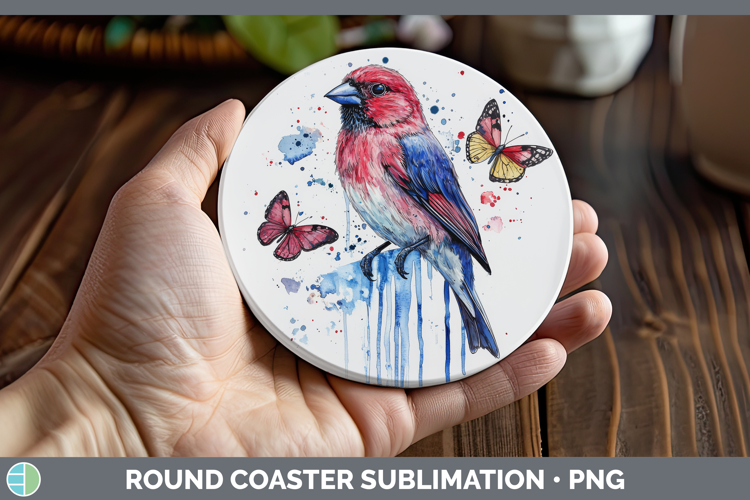 Finch Round Coaster Birds 01 Blue Drips Sublimation Coaster