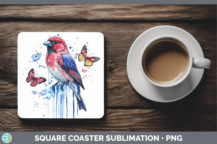 Finch Square Coaster Birds 01 Blue Drips Sublimation Coaster