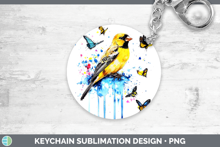 Goldfinch Keychain Birds 01 Blue Drips Sublimation Keyring D