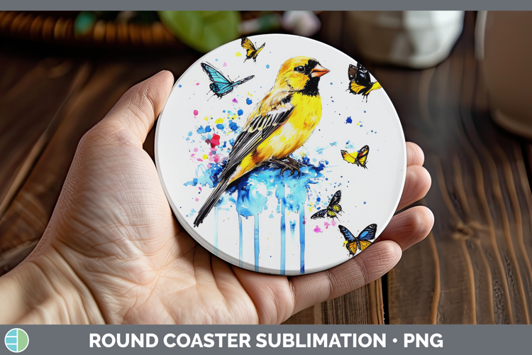 Goldfinch Round Coaster Birds 01 Blue Drips Sublimation Coas
