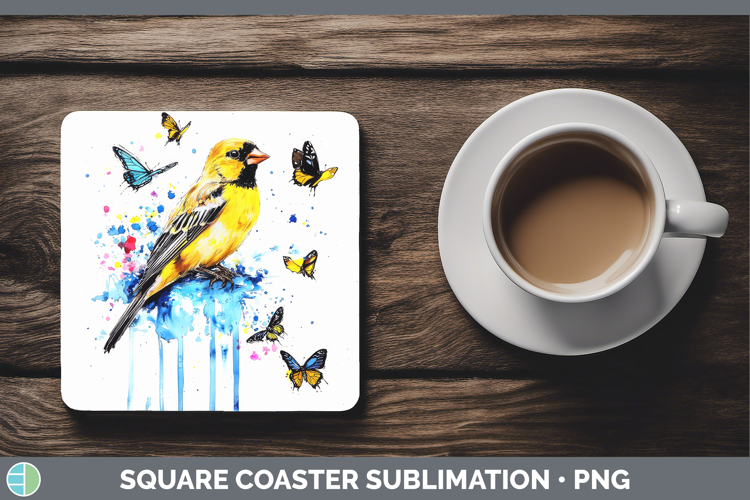 Goldfinch Square Coaster Birds 01 Blue Drips Sublimation Coa