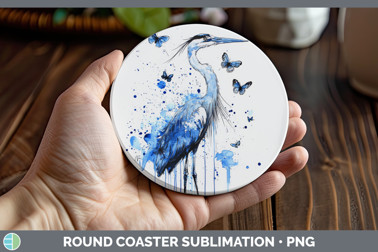 Great Blue Heron Round Coaster Birds 01 Blue Drips Sublimati