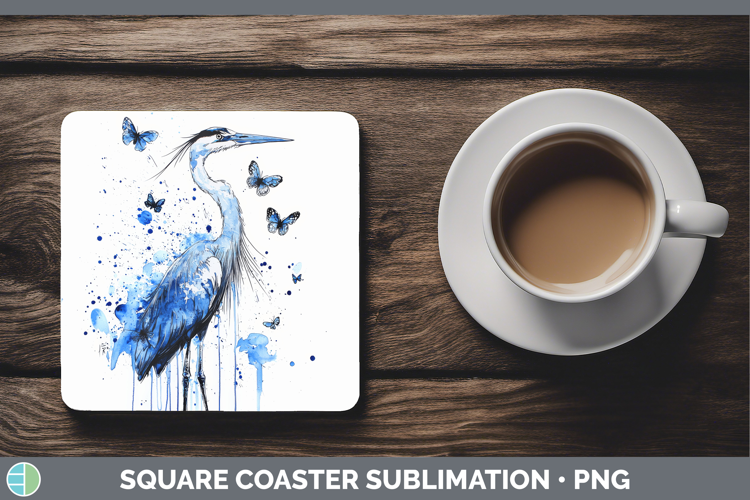 Great Blue Heron Square Coaster Birds 01 Blue Drips Sublimat