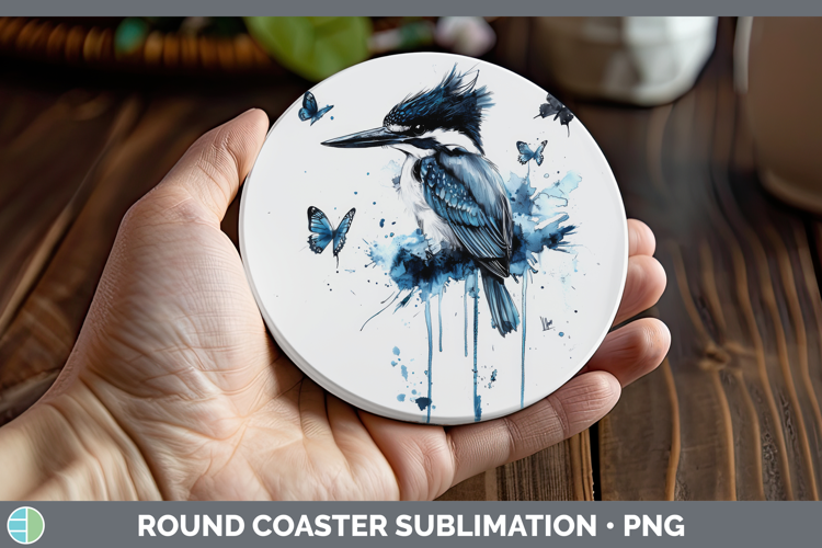 Kingfisher Round Coaster Birds 01 Blue Drips Sublimation Coa
