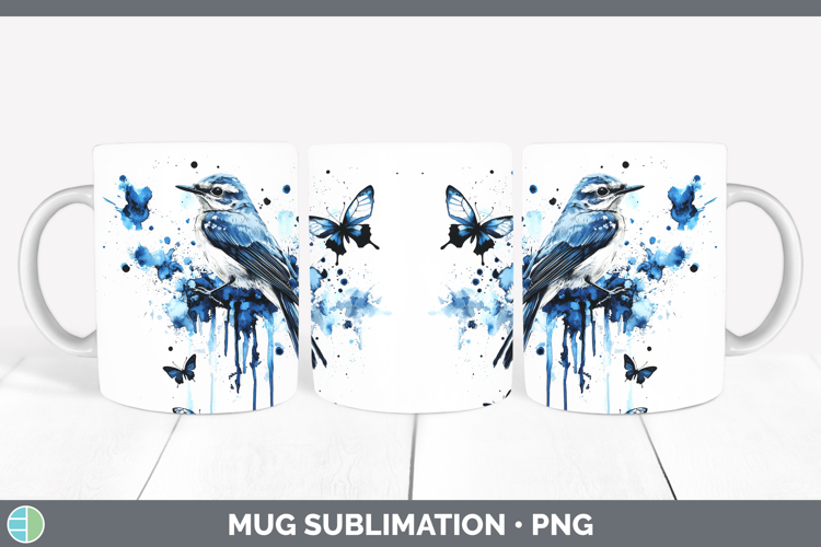 Mockingbird Mug Wrap Birds 01 Blue Drips Sublimation Coffee