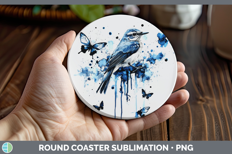 Mockingbird Round Coaster Birds 01 Blue Drips Sublimation Co