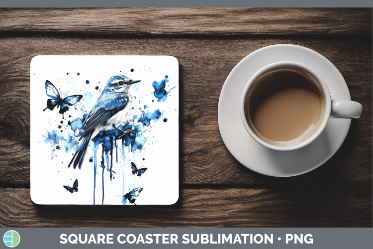 Mockingbird Square Coaster Birds 01 Blue Drips Sublimation C