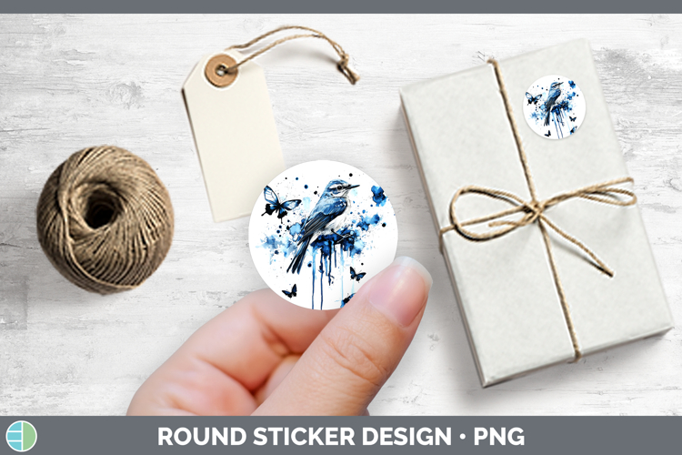 Birds 01 Blue Drips Mockingbird Stickers | Round Labels Desi