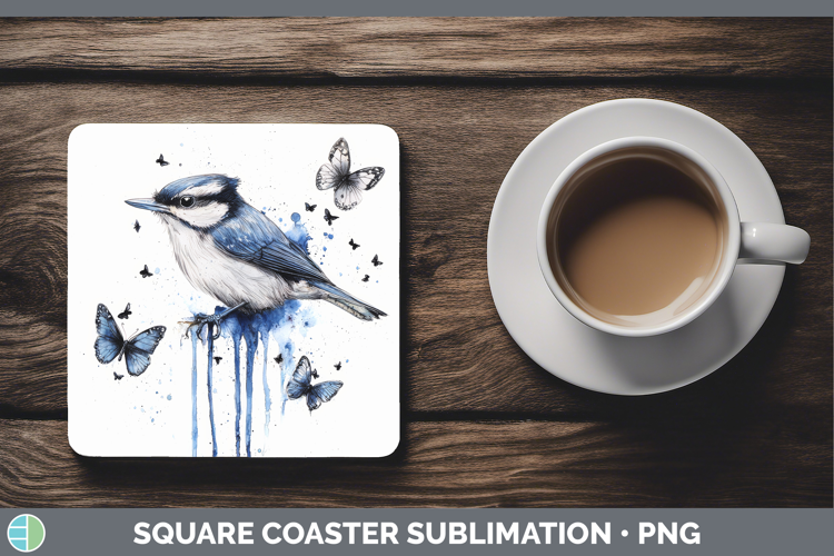 Nuthatch Square Coaster Birds 01 Blue Drips Sublimation Coas