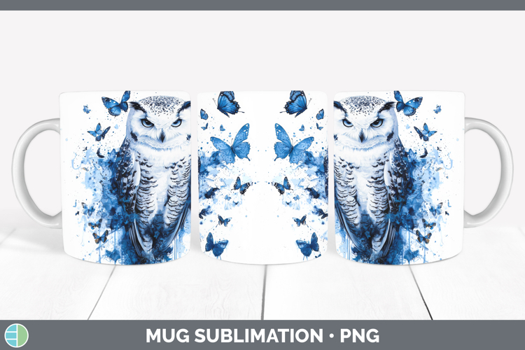 Owl Mug Wrap Birds 01 Blue Drips Sublimation Coffee Cup Desi