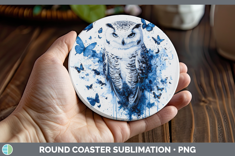 Owl Round Coaster Birds 01 Blue Drips Sublimation Coaster De