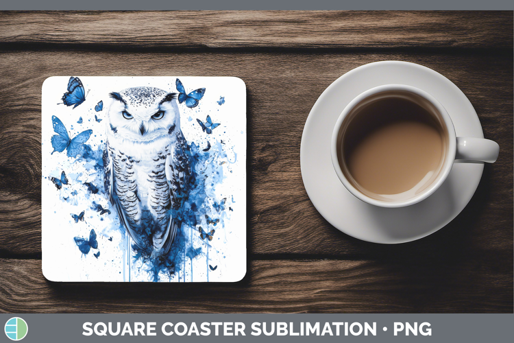 Owl Square Coaster Birds 01 Blue Drips Sublimation Coaster D