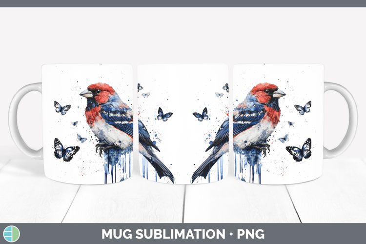 Pine Grosbeak Mug Wrap Birds 01 Blue Drips Sublimation Coffe