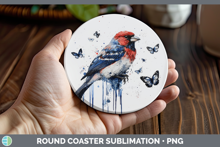 Pine Grosbeak Round Coaster Birds 01 Blue Drips Sublimation