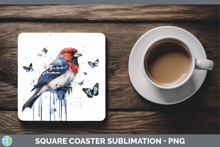 Pine Grosbeak Square Coaster Birds 01 Blue Drips Sublimation