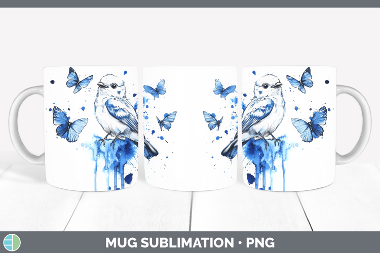 Snow Bunting Mug Wrap Birds 01 Blue Drips Sublimation Coffee