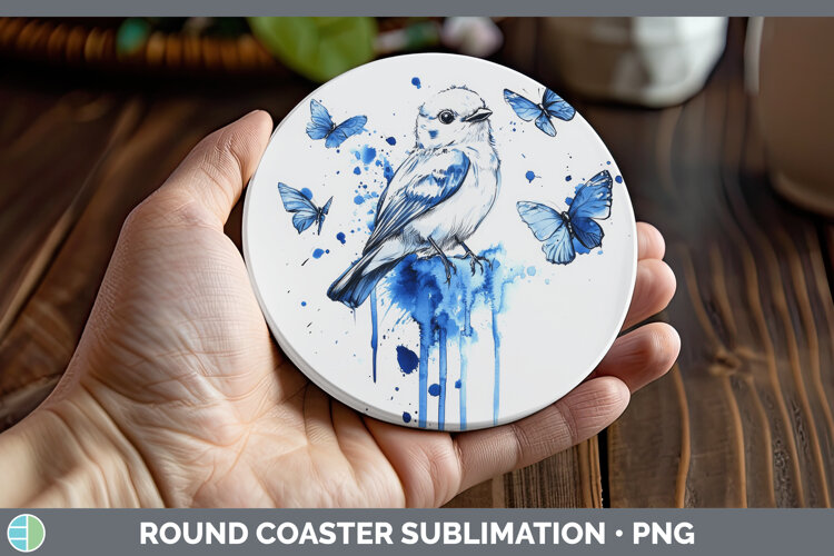 GorgeousBirds 01 Blue Drips Round Coaster design.