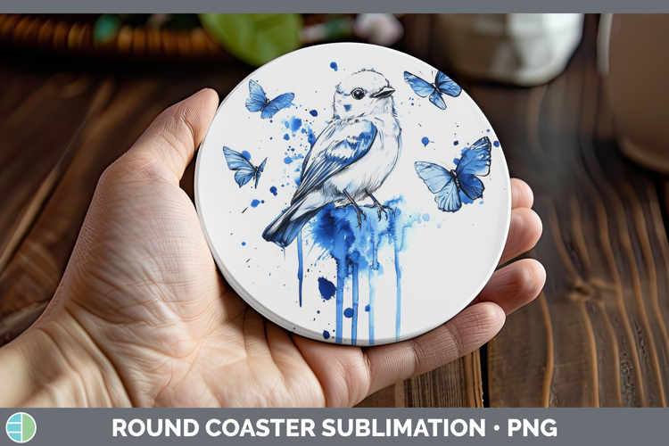 Snow Bunting Round Coaster Birds 01 Blue Drips Sublimation C