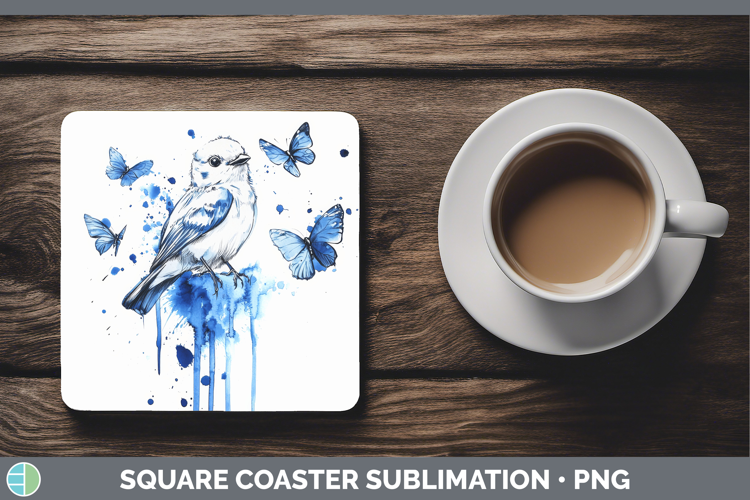 Snow Bunting Square Coaster Birds 01 Blue Drips Sublimation