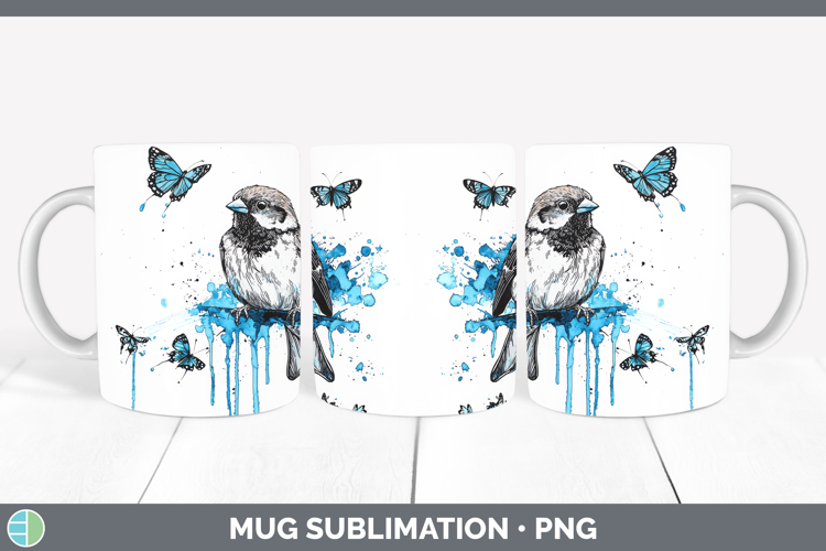 Sparrow Mug Wrap Birds 01 Blue Drips Sublimation Coffee Cup