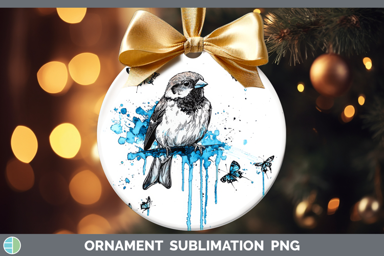 Sparrow Ornament Birds 01 Blue Drips Sublimation Bauble Desi