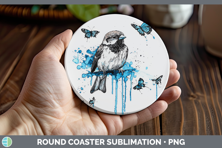 Sparrow Round Coaster Birds 01 Blue Drips Sublimation Coaste