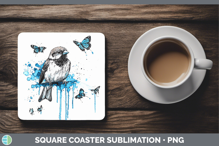 Sparrow Square Coaster Birds 01 Blue Drips Sublimation Coast
