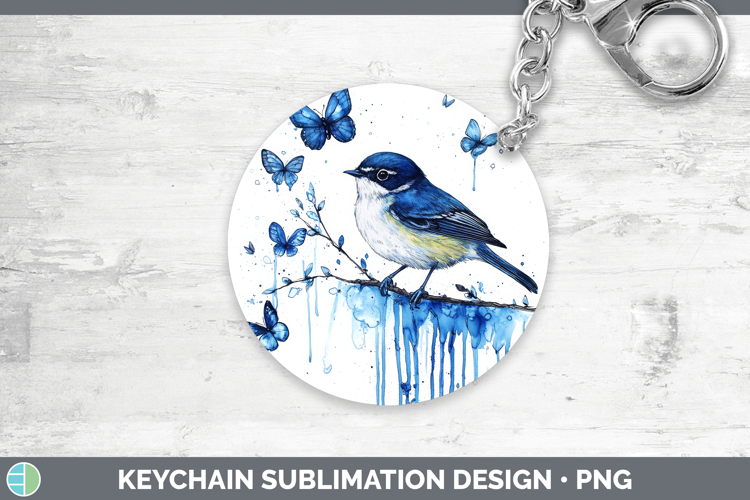 Warbler Keychain Birds 01 Blue Drips Sublimation Keyring Des