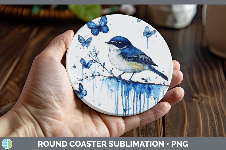 Warbler Round Coaster Birds 01 Blue Drips Sublimation Coaste