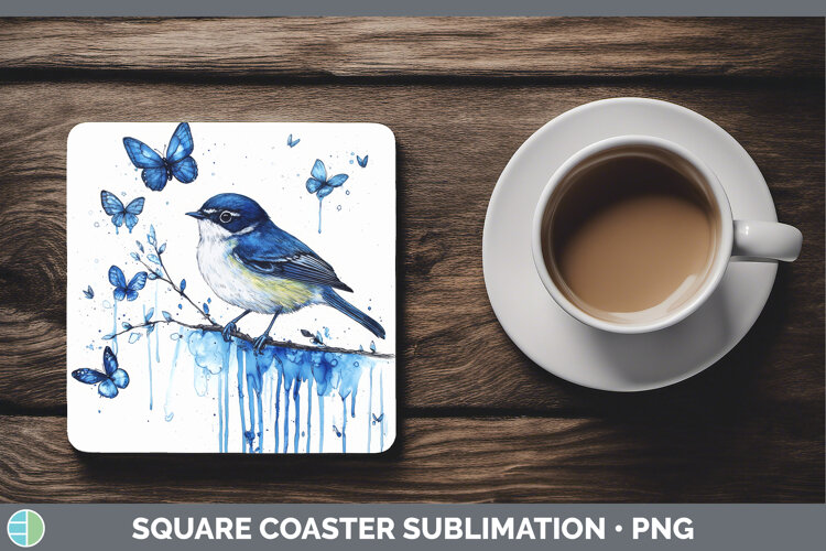 GorgeousBirds 01 Blue Drips Square Coaster design.